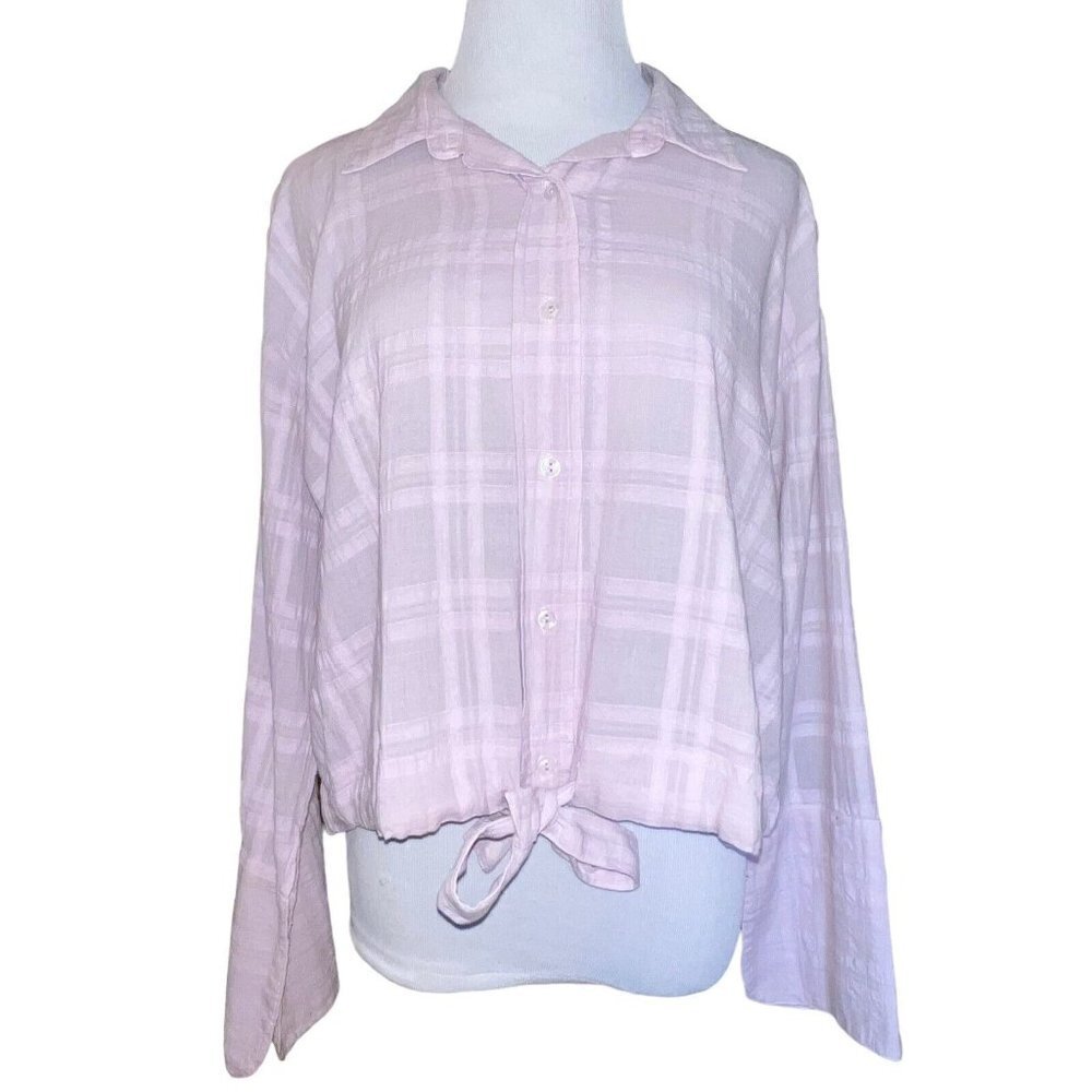 Young Fabulous Broke Women Top Sz Sm Purple Button Up Tie Front Blouse Plaid Top